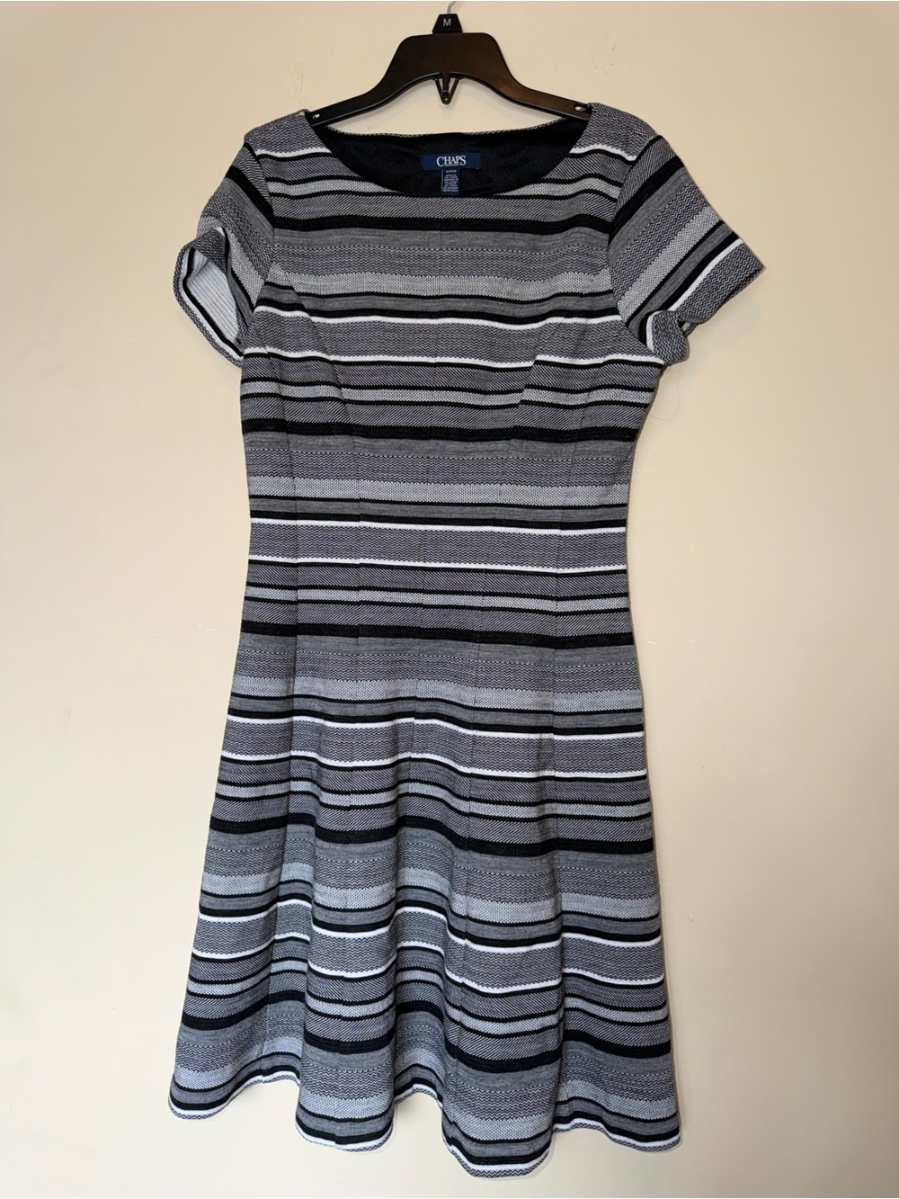 Chaps Black, Gray & White Striped Short Sleeve A-Line Dress
